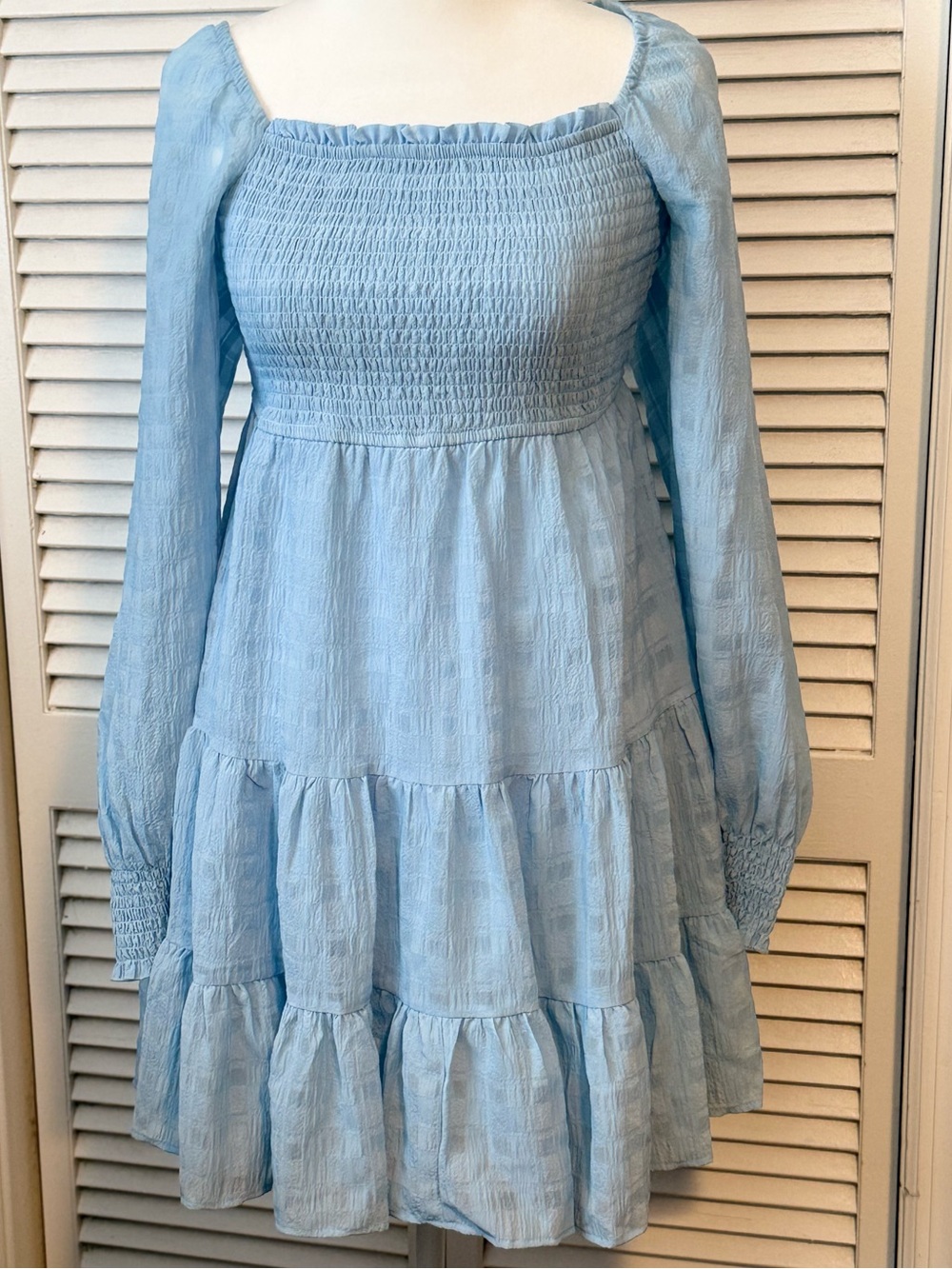 Milkmaid Cottage Puff Sleeves Smocked Bodice Pastel Blue Tiered Womens Dress